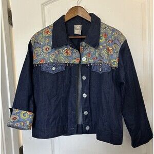 Womens Jacket Large Denim Artsy Beaded Floral Western Flip Cuff Rodeo Festival